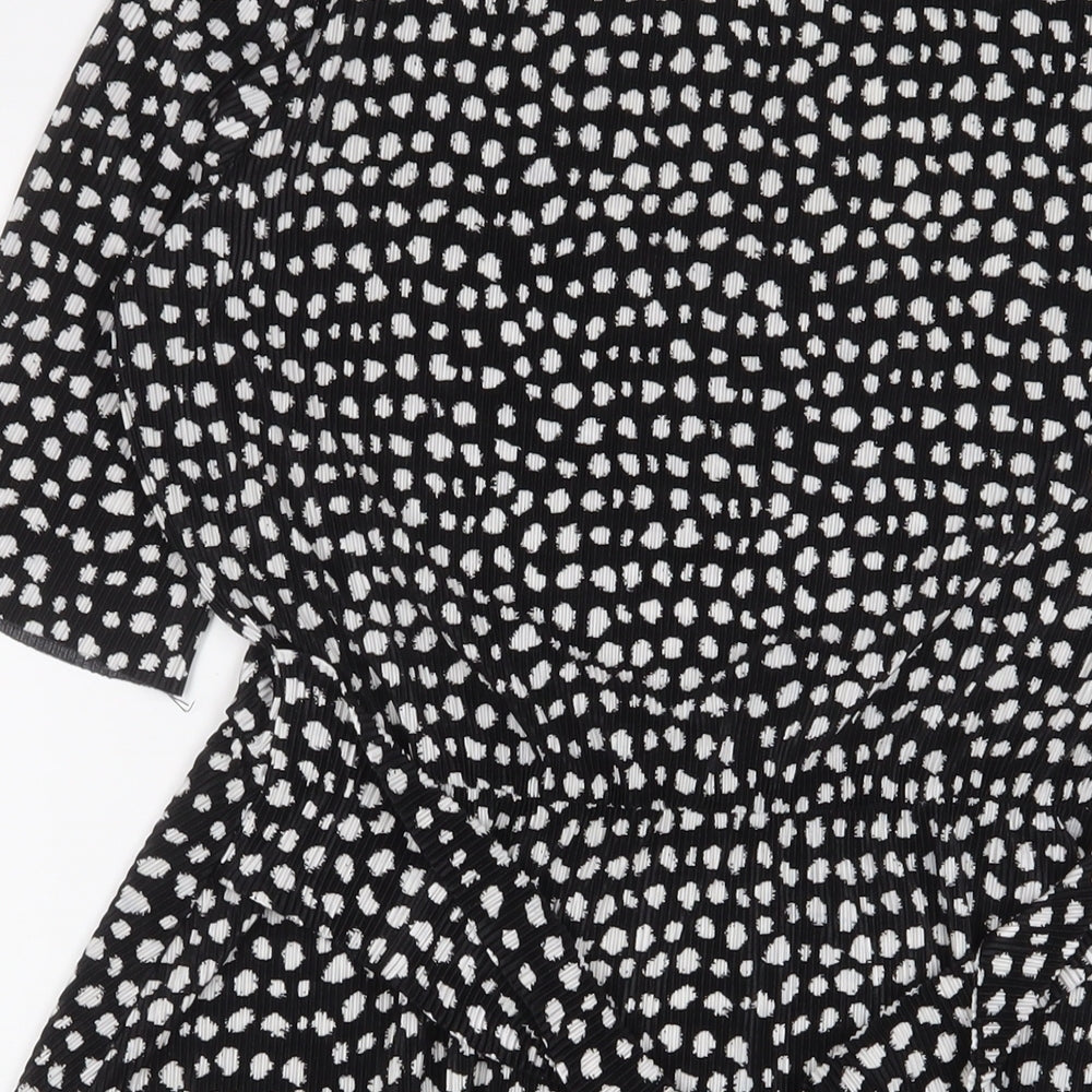 Brand and care label for ASOS women’s black geometric polyester a-line, size UK 10, crew neck pullover - belted