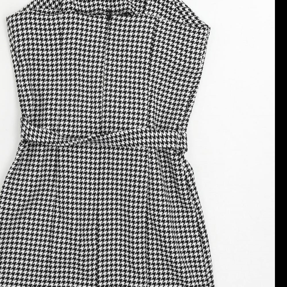 New Look Womens Black Geometric Polyester Mini Size 8 Square Neck Zip - Belted