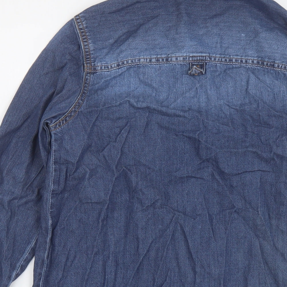 Brand and care label for Next girls’ blue cotton basic button-up, size 10, years collared button