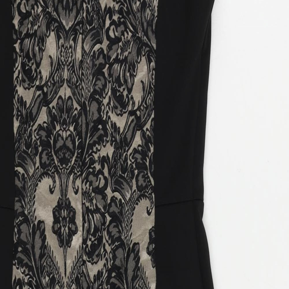 Warehouse Womens Black Paisley Cotton Mini Size 8 V-Neck Zip