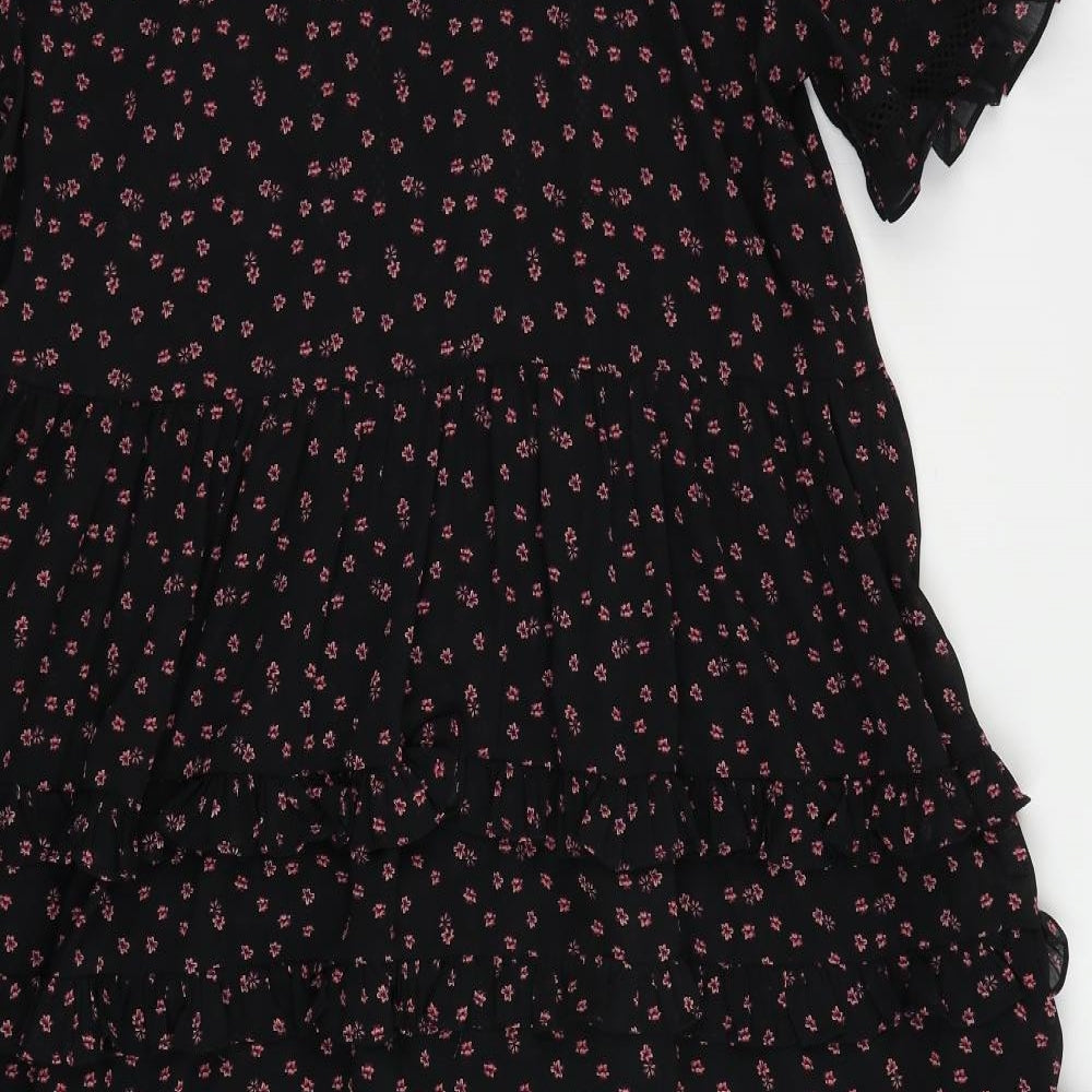Topshop Womens Black Floral Polyester A-Line Size 10 Round Neck Button - Ruffle