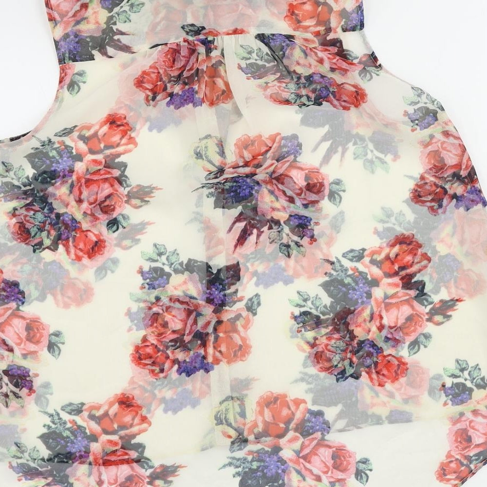 Topshop Womens Ivory Floral Polyester Basic Button-Up Size 10 Collared - Sheer
