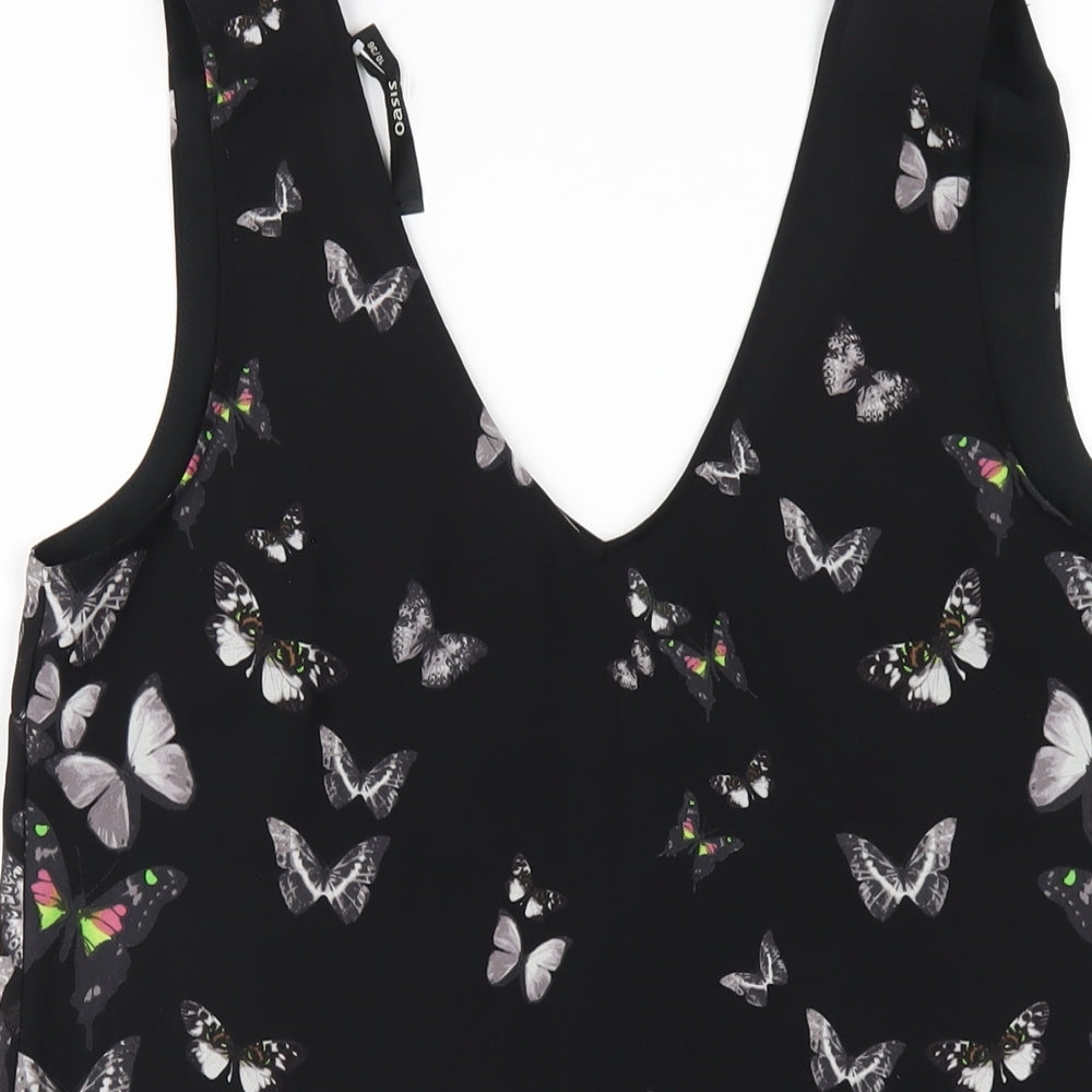 Oasis Womens Black Geometric Polyester Basic Tank Size 10 V-Neck - Butterfly Print