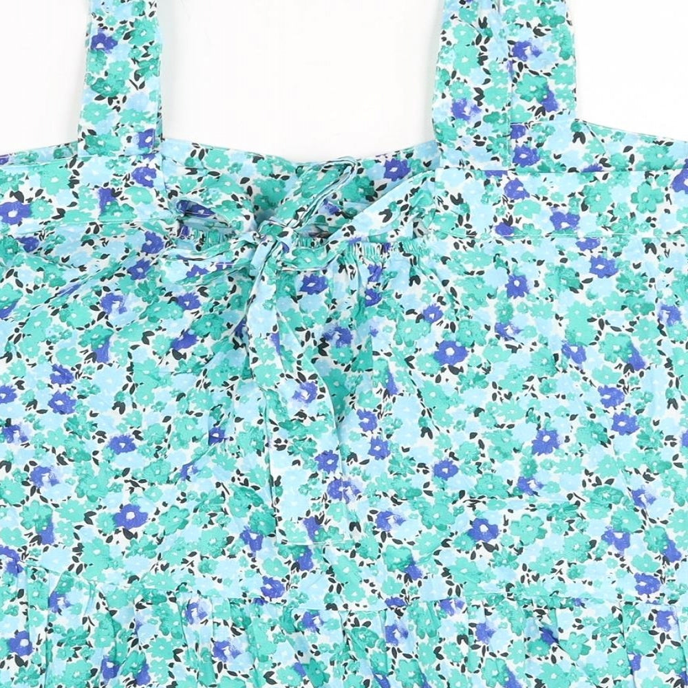 Marks & Spencer Womens Green Floral Cotton Camisole Blouse Size 14 Square Neck