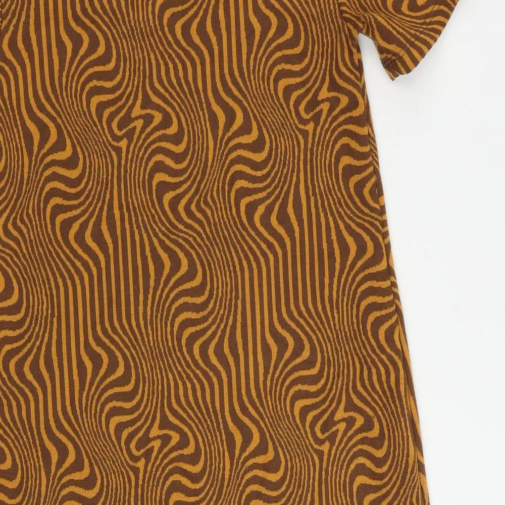 Stradivarius Womens Brown Geometric Polyester Shift Size S Boat Neck Pullover