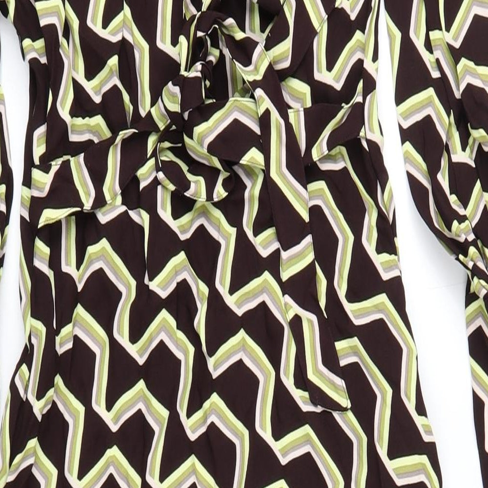 Marks & Spencer Womens Brown Geometric Viscose A-Line Size 8 Round Neck Zip