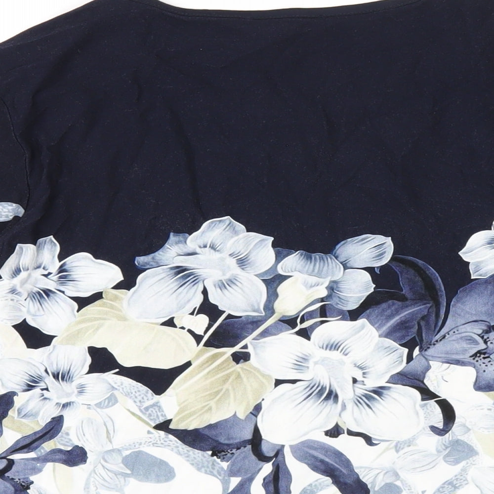Mona Womens Blue Floral Viscose Basic Blouse Size 12 Round Neck