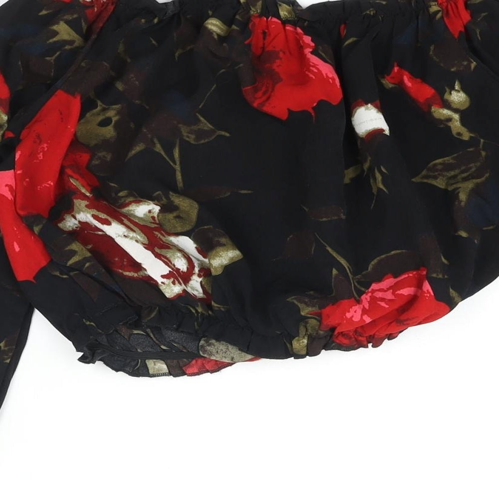 PRETTYLITTLETHING Womens Black Floral Polyester Cropped Blouse Size 10 Boat Neck - Rouched