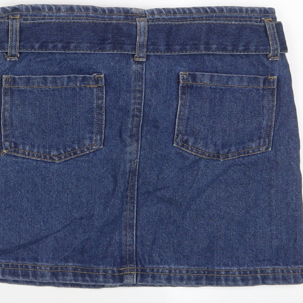 Brand and care label for Denim & Co. girls’ blue cotton a-line skirt, size 9-10, years regular zip - belted