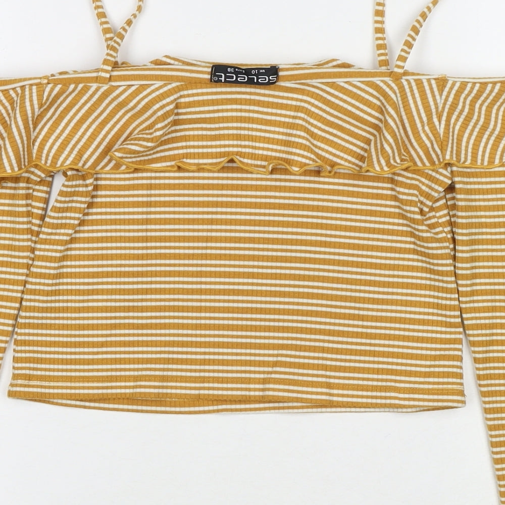 Select Womens Yellow Striped Polyester Basic Blouse Size 10 Off the Shoulder
