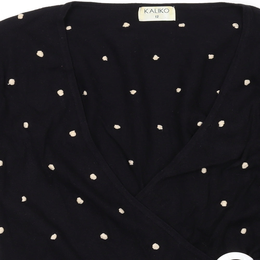 Kaliko Womens Black V-Neck Polka Dot Viscose Wrap Jumper Size 12