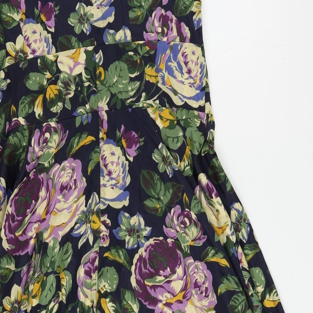 Red Herring Womens Blue Floral Polyester Fit & Flare Size 10 Boat Neck Zip