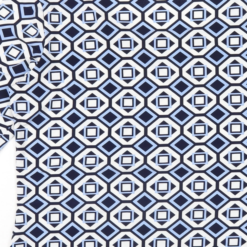 Nina Leonard Womens Blue Geometric Polyester Basic T-Shirt Size S Round Neck