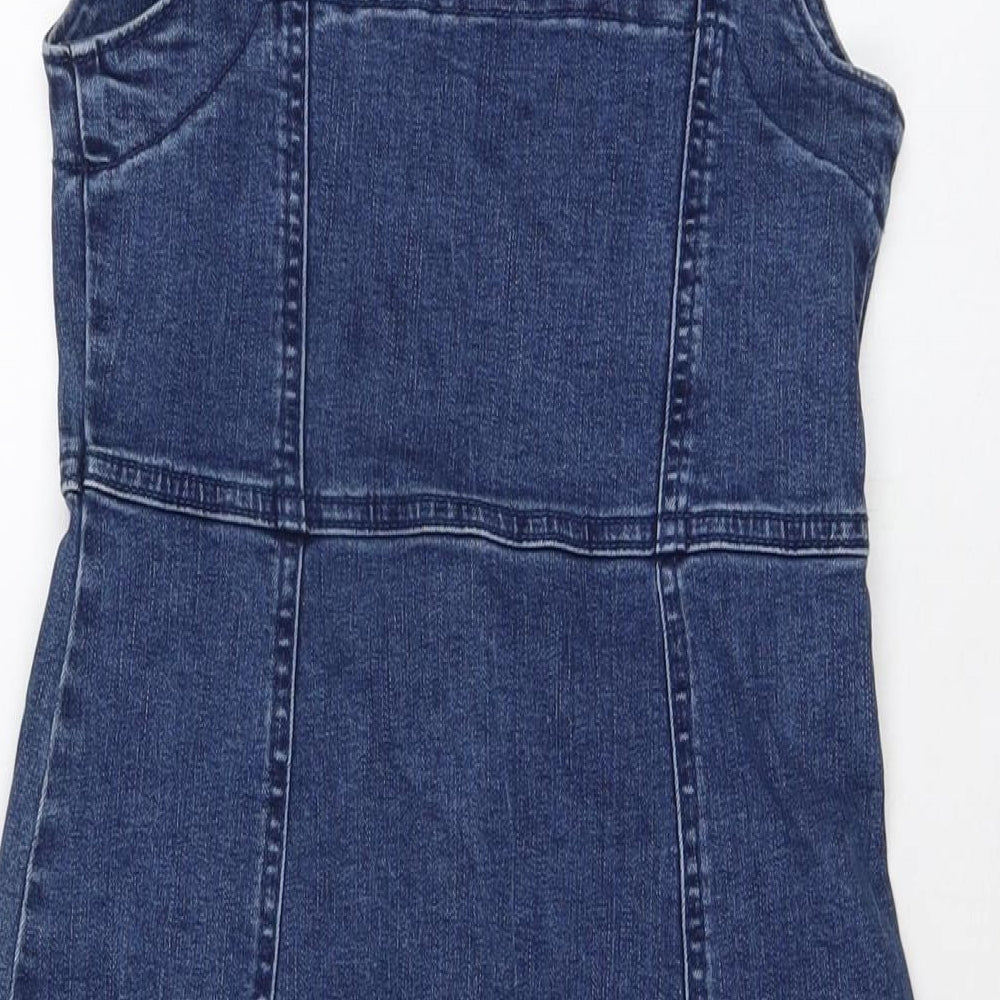 Denim & Co. Womens Blue Cotton Mini Size 8 Square Neck Zip