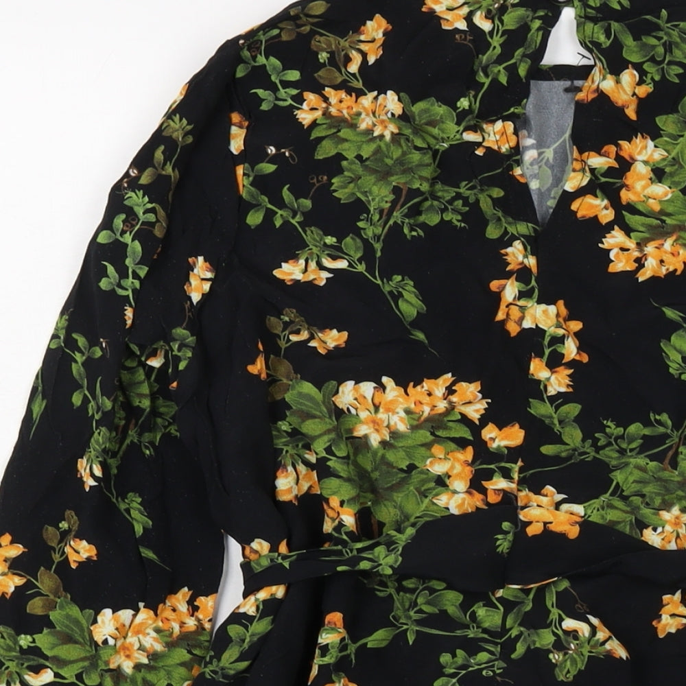 Missguided Womens Black Floral Polyester Basic Blouse Size 8 Round Neck