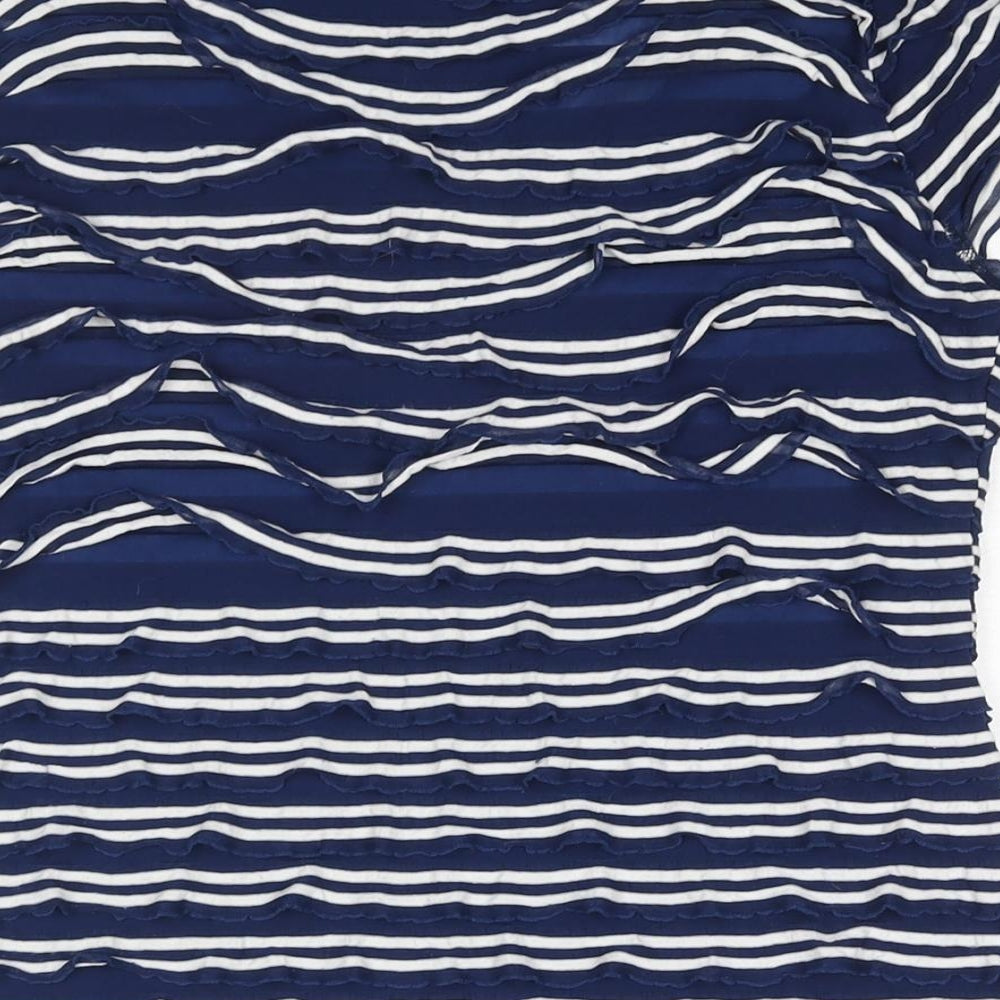 Phase Eight Womens Blue Striped Polyester Basic Blouse Size 10 Round Neck - Layered Frill Detail