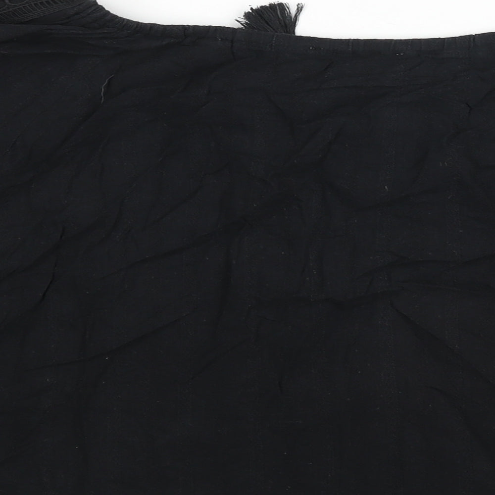 JustFab Womens Black Cotton Basic Blouse Size L V-Neck - Tassle Tie Keyhole Neck Embroidered Detail