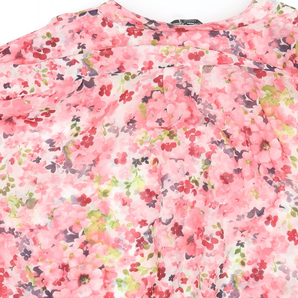 Marina Kaneva Womens Pink Floral Polyester Basic Blouse Size 12 V-Neck - Semi Sheer
