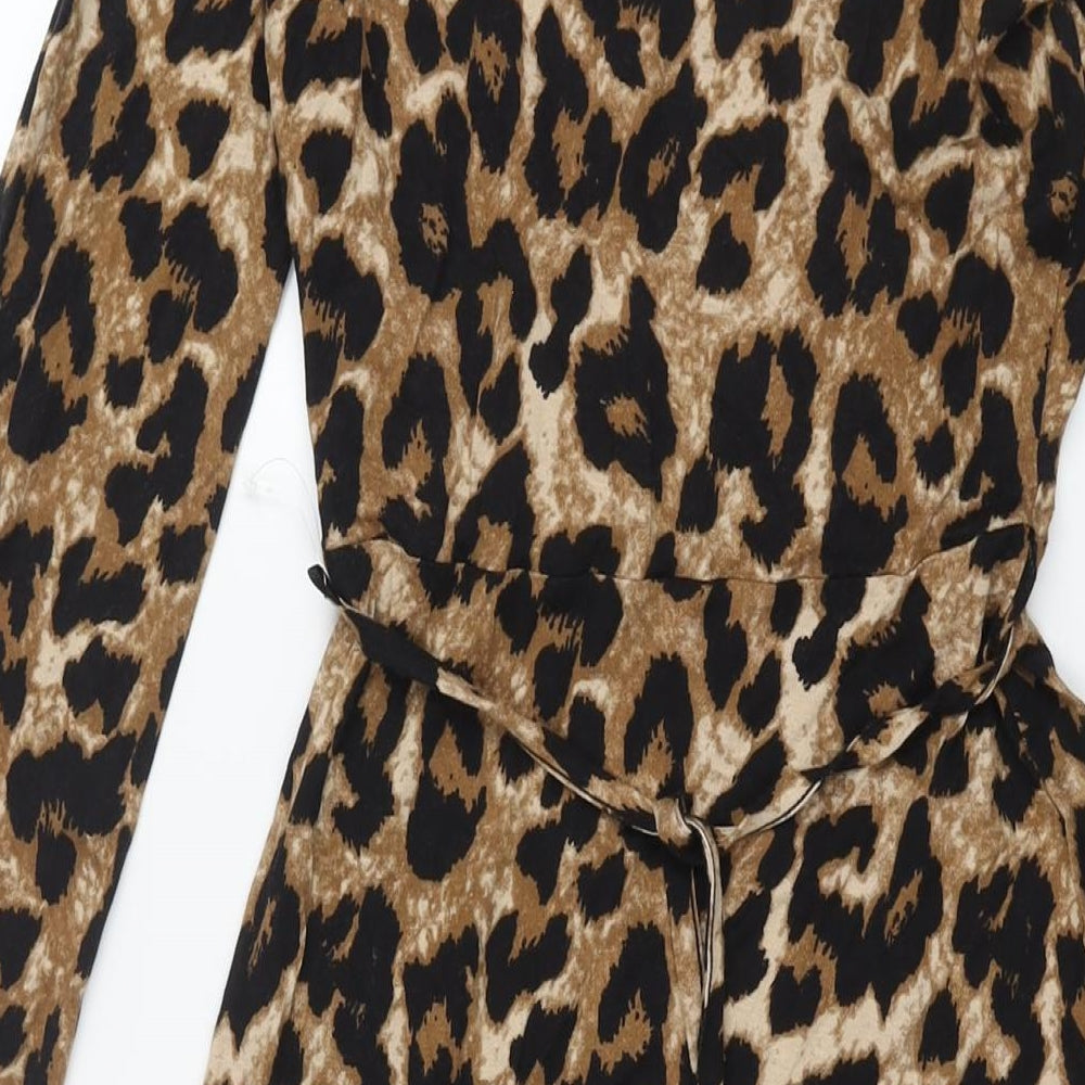 Marks & Spencer Womens Brown Animal Print Viscose A-Line Size 6 V-Neck Pullover - Belted Leopard Print