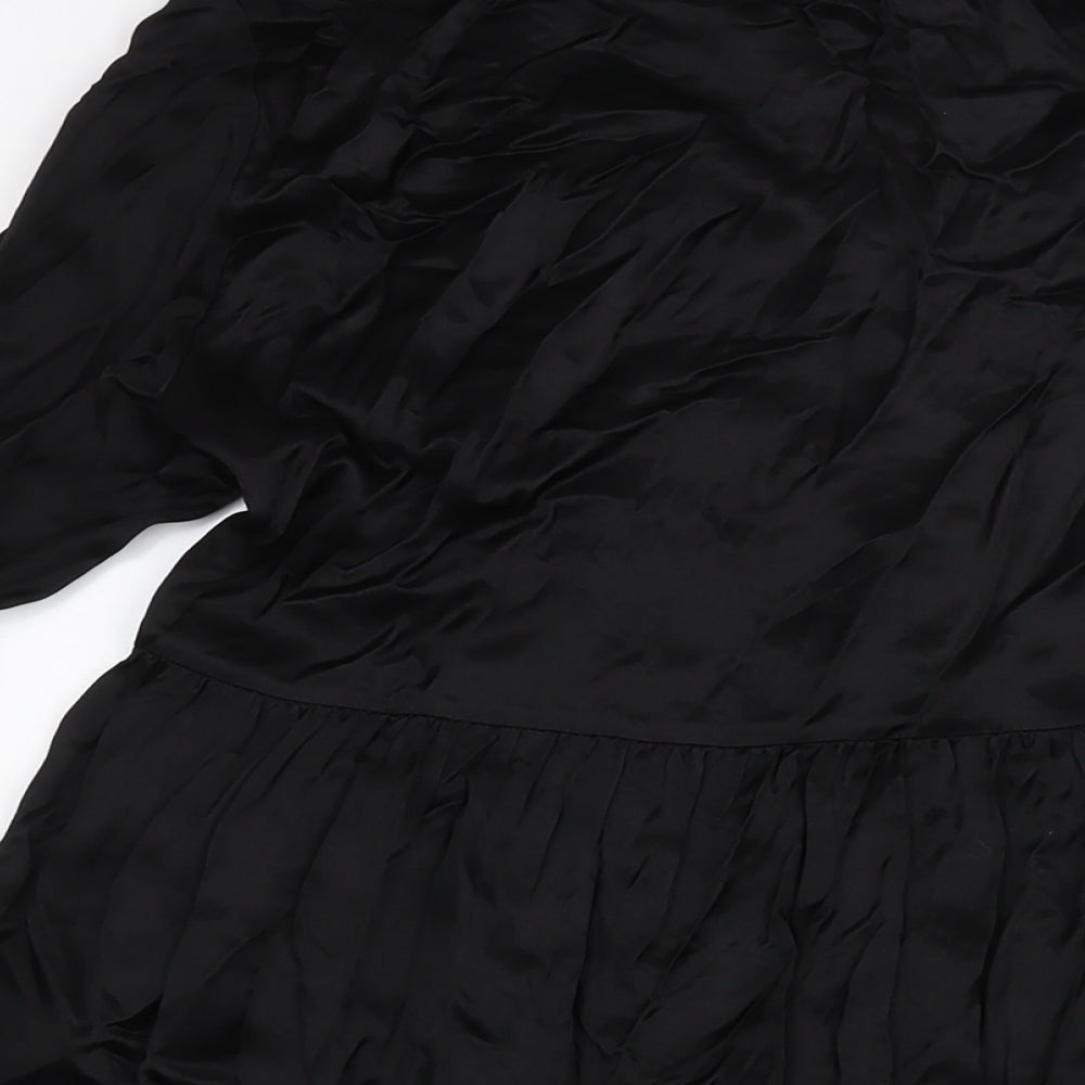 Zara Womens Black Polyester A-Line Size XS Collared Button - Smocked
