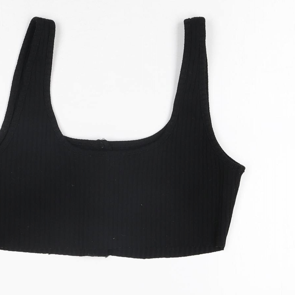 Topshop Womens Black Polyester Cropped T-Shirt Size 10 Scoop Neck