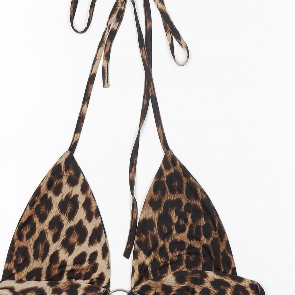 PRETTYLITTLETHING Womens Brown Animal Print Polyester Cropped T-Shirt Size 12 Halter - Leopard Print