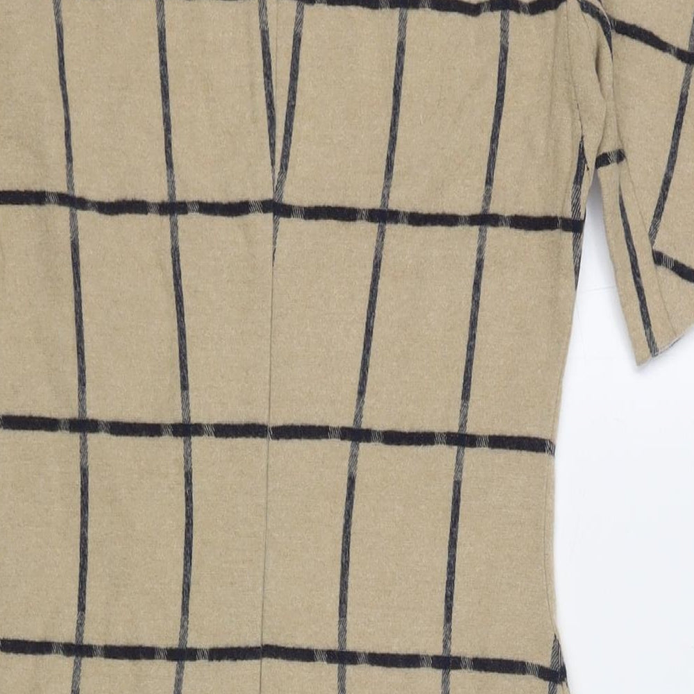 Zara Womens Brown Check Polyester Blend A-Line Size S Boat Neck Zip
