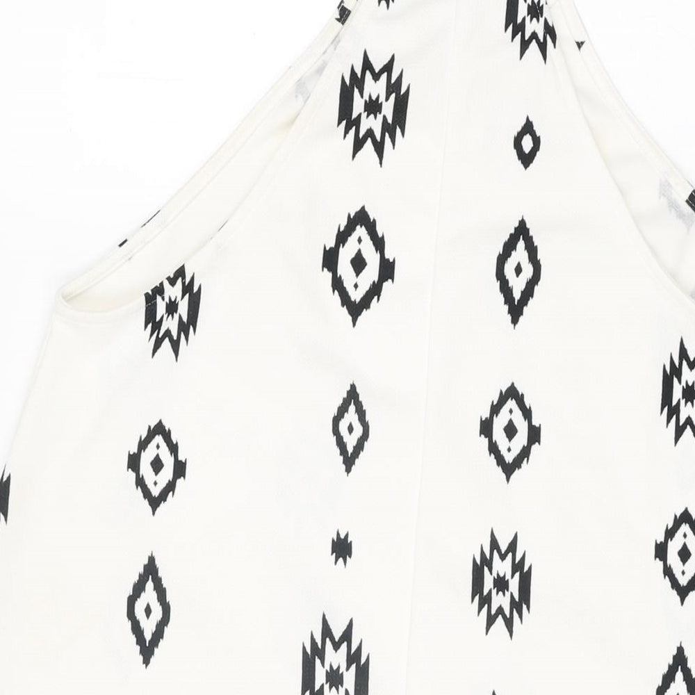 Zara Womens White Geometric Polyester Basic T-Shirt Size S Round Neck