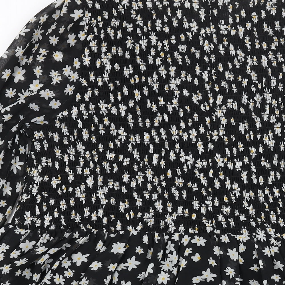 ASOS Womens Black Floral Polyester A-Line Size 8 Round Neck Zip - Rouched Bodice