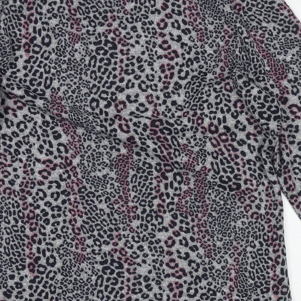 Marks & Spencer Womens Grey Round Neck Animal Print Polyester Tunic Jumper Size 12 - Leopard Print