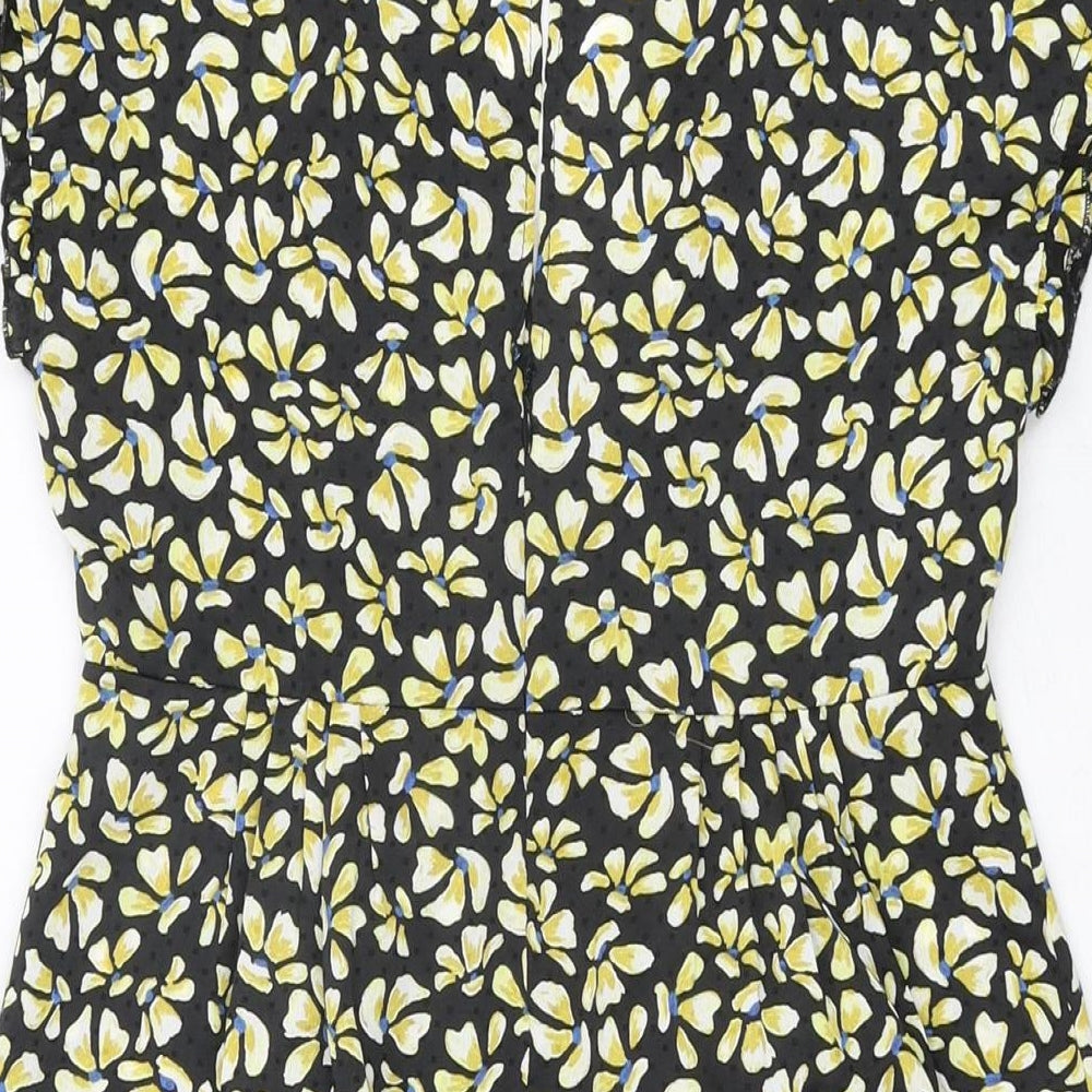 Zara Womens Black Floral Polyester Skater Dress Size XS V-Neck Button