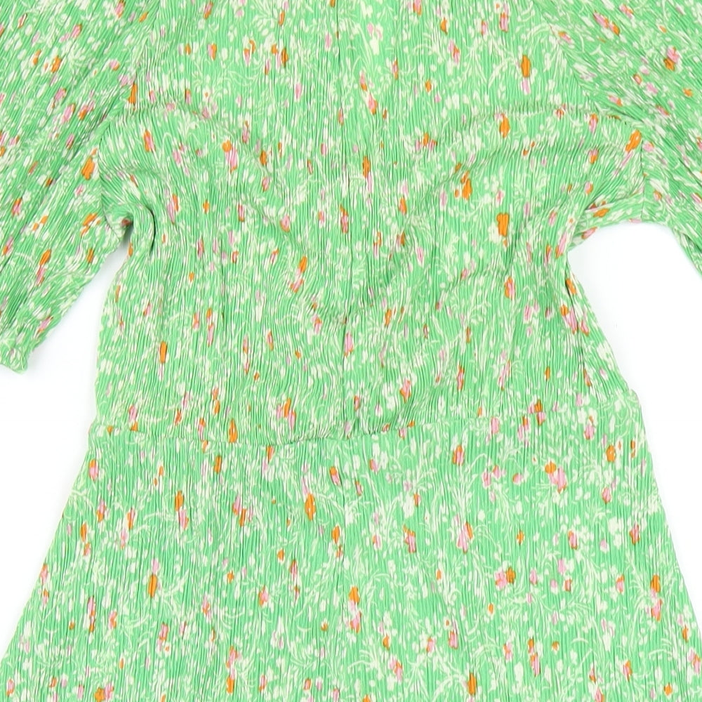 Mago Womens Green Floral Polyester A-Line Size S V-Neck Pullover