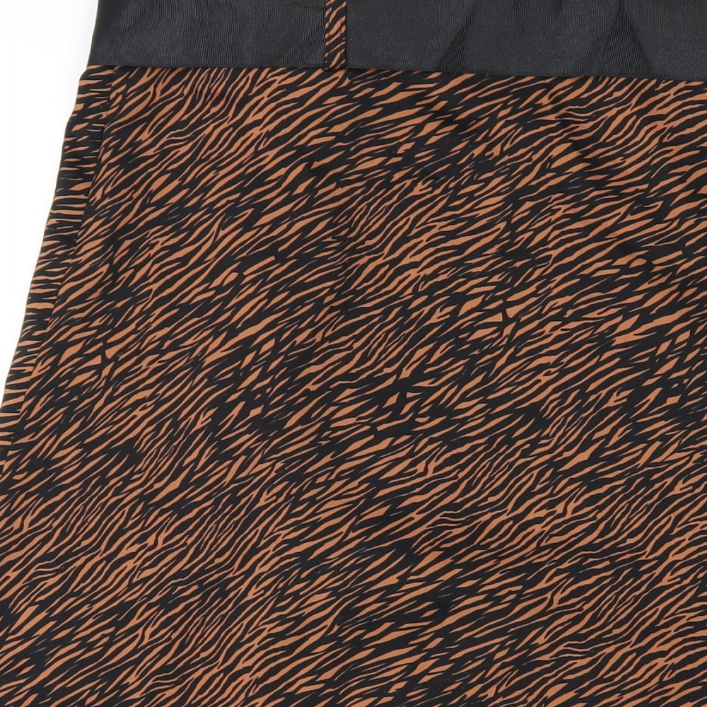 Zara Womens Brown Animal Print Polyester A-Line Skirt Size XL Zip