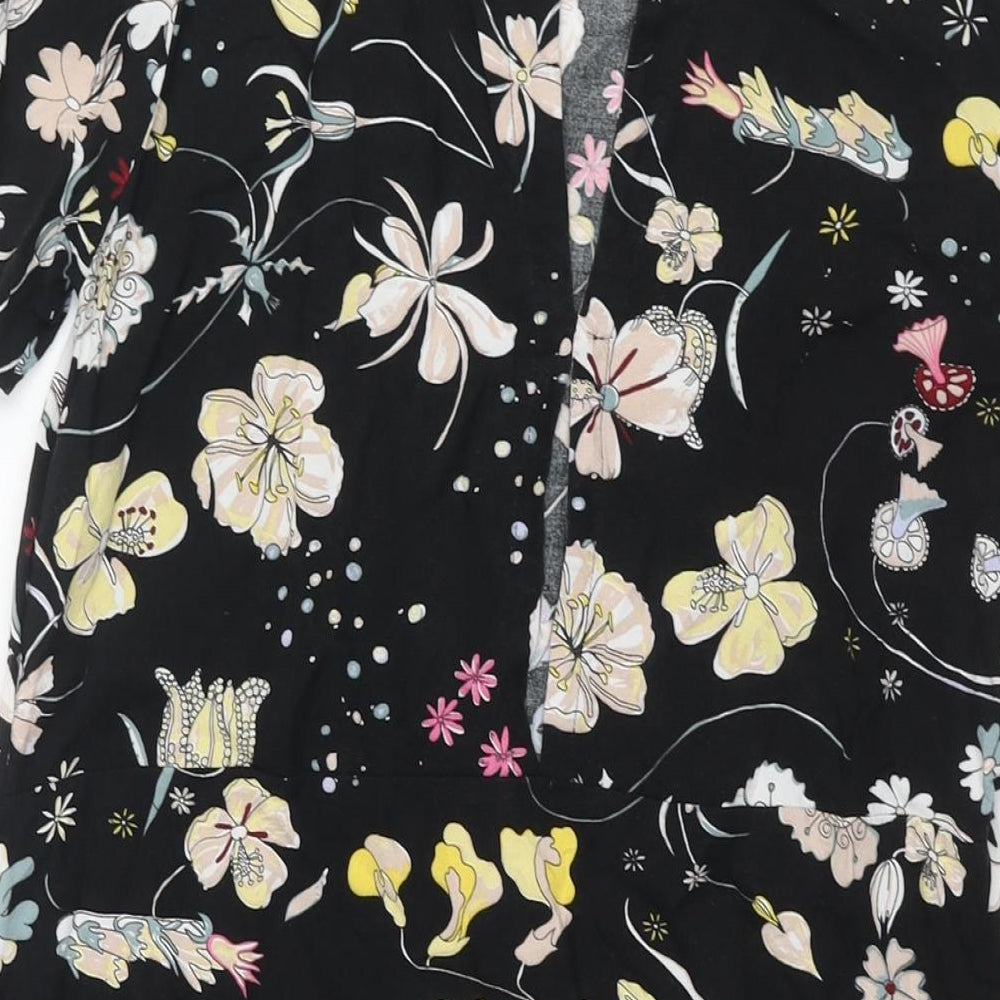 H&M Womens Black Geometric Viscose Shift Size 8 Round Neck Button - Floral Print