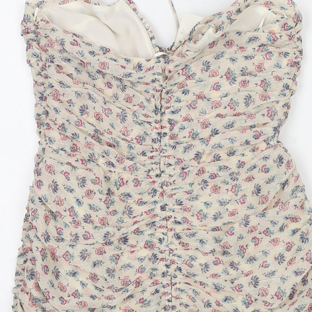 Zara Womens Beige Floral Polyester Bodycon Size S Sweetheart Zip - Strapless