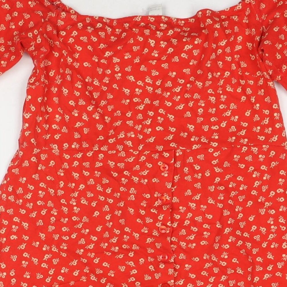ASOS Womens Red Floral Polyester Blend T-Shirt Dress Size 6 Off the Shoulder Button