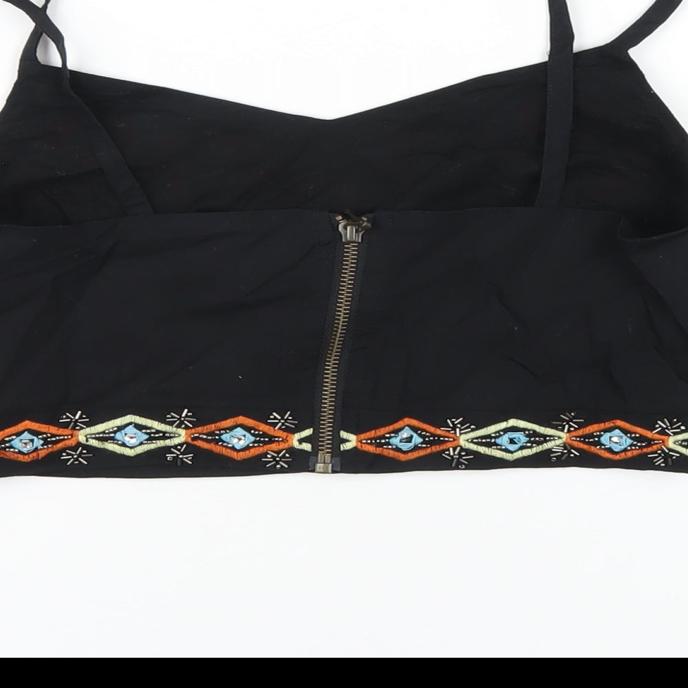 New Look Womens Black Geometric Cotton Cropped T-Shirt Size 6 V-Neck - Beaded