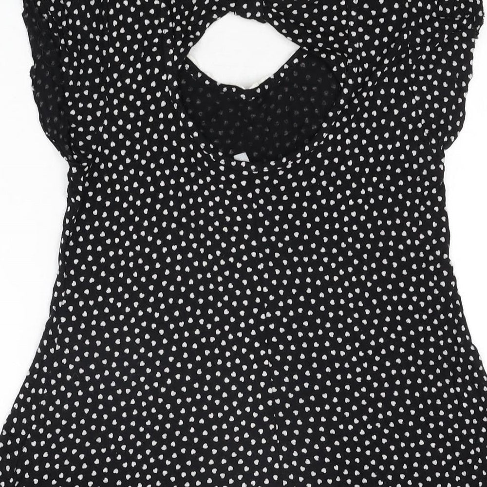 Red Herring Womens Black Geometric Viscose Basic T-Shirt Size 8 V-Neck - Heart Print