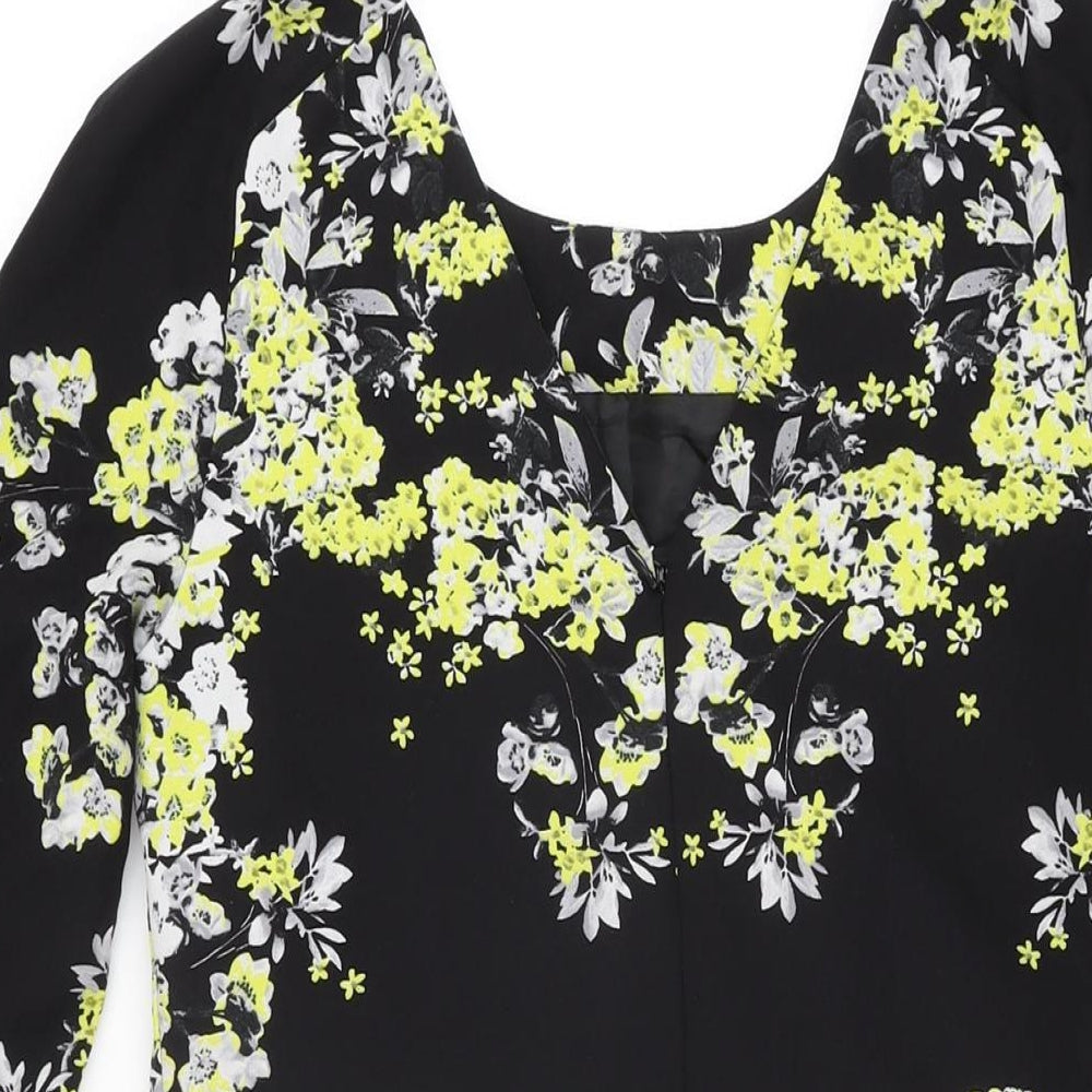 Warehouse Womens Black Floral Polyester Shift Size 8 Round Neck Zip