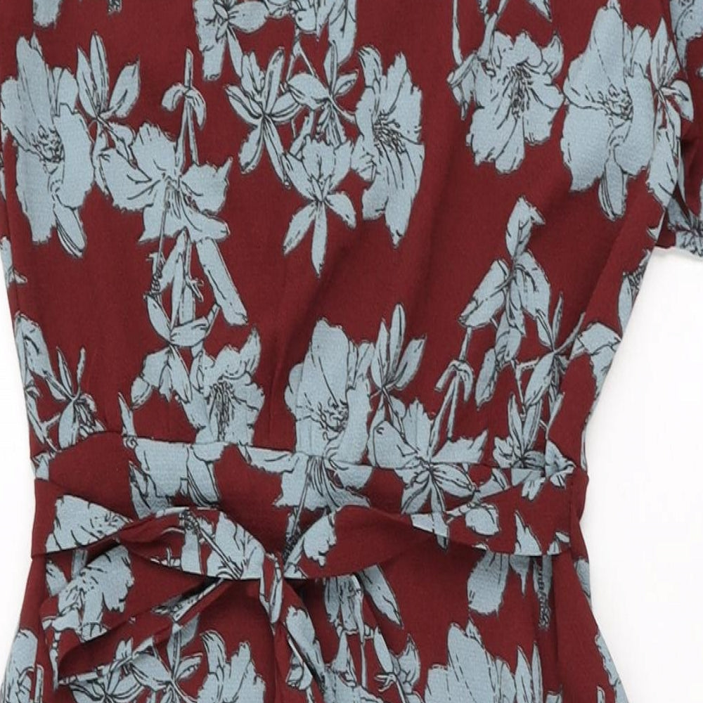 New Look Womens Red Floral Polyester Wrap Dress Size 8 V-Neck Tie