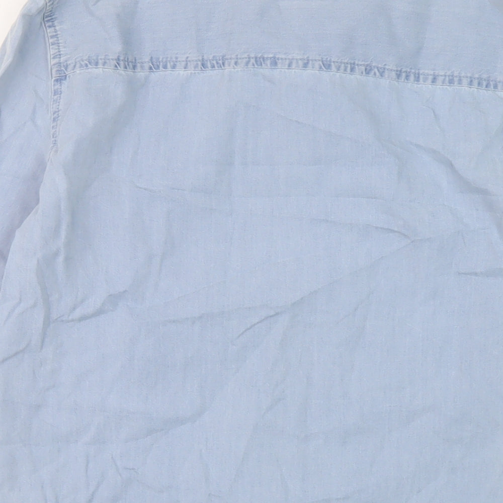 Brand and care label for Denim & Co. women’s blue cotton basic button-up, size UK 12, collared