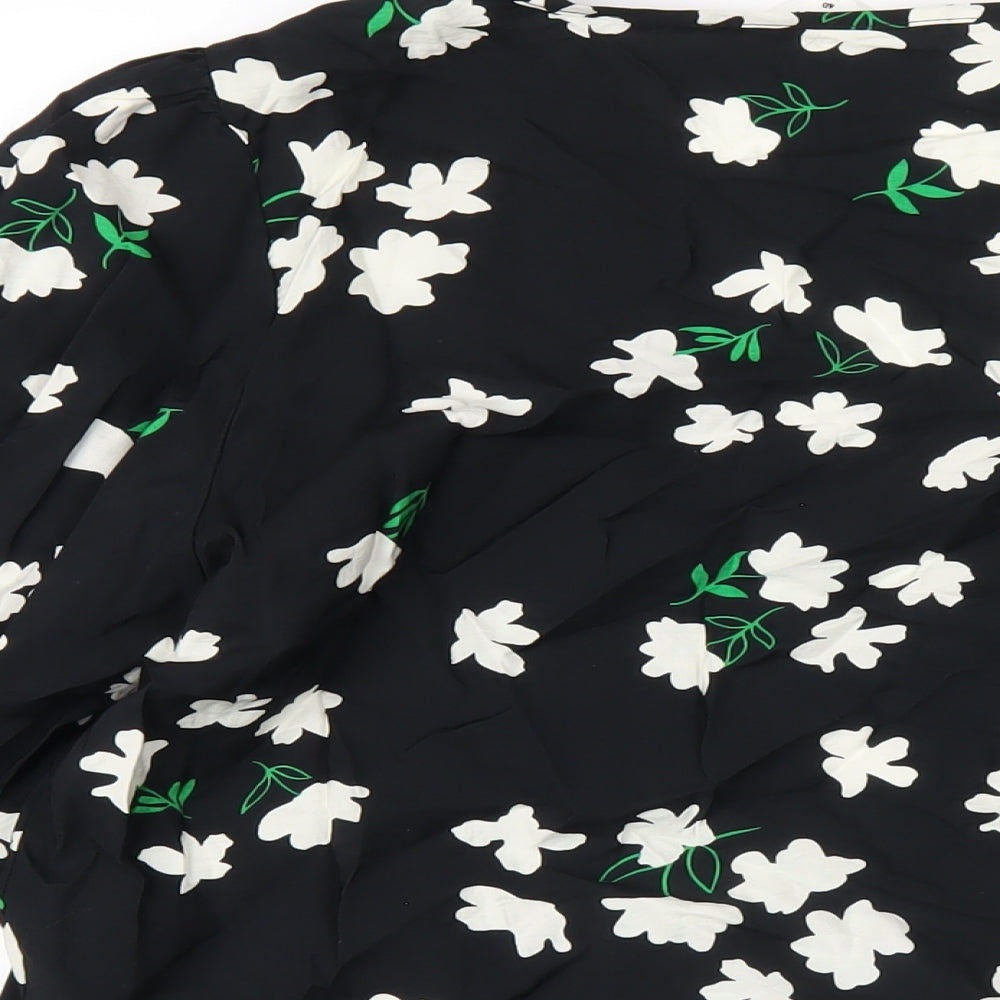 .Object Womens Black Floral Viscose Basic T-Shirt Size 12 V-Neck