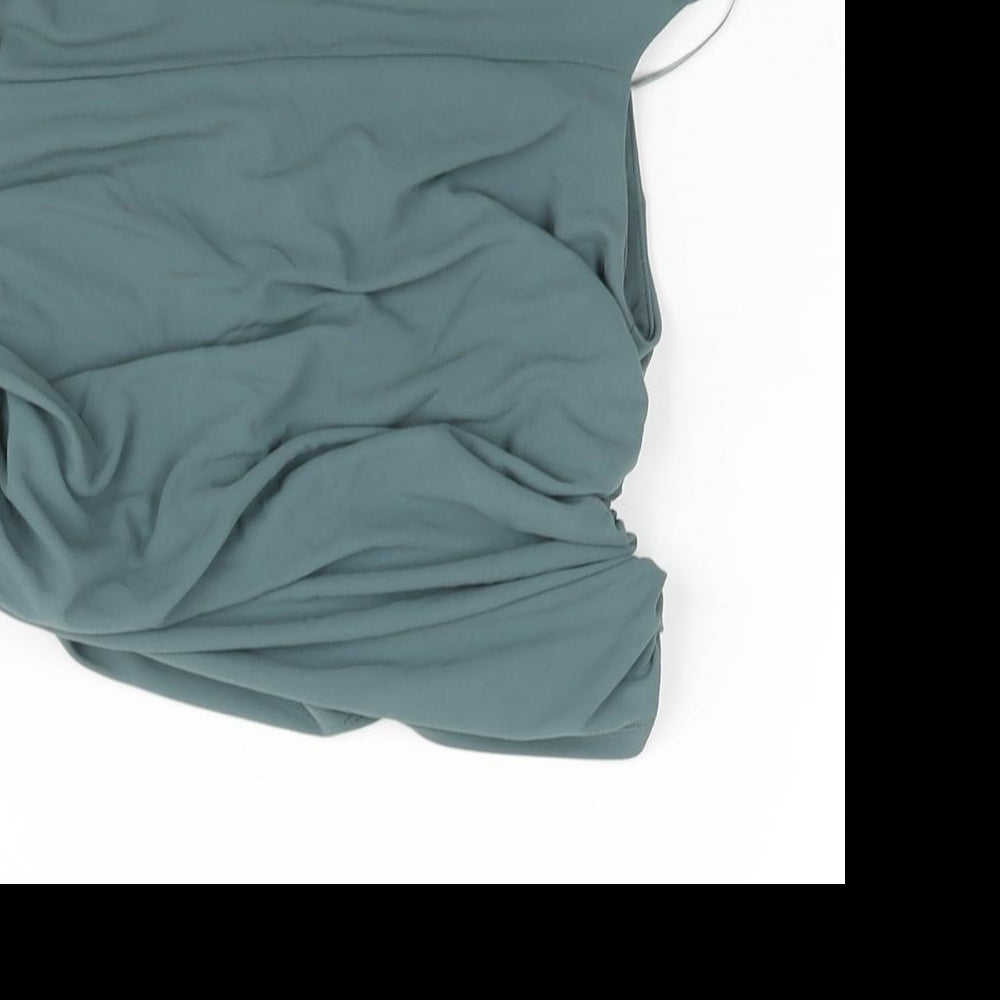 Zara Womens Green Polyester Cropped Blouse Size S Boat Neck - Rouched