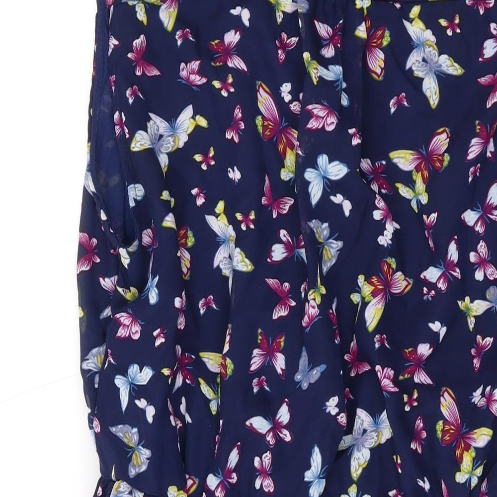 Lili Womens Blue Geometric Polyester A-Line Size 14 V-Neck Button