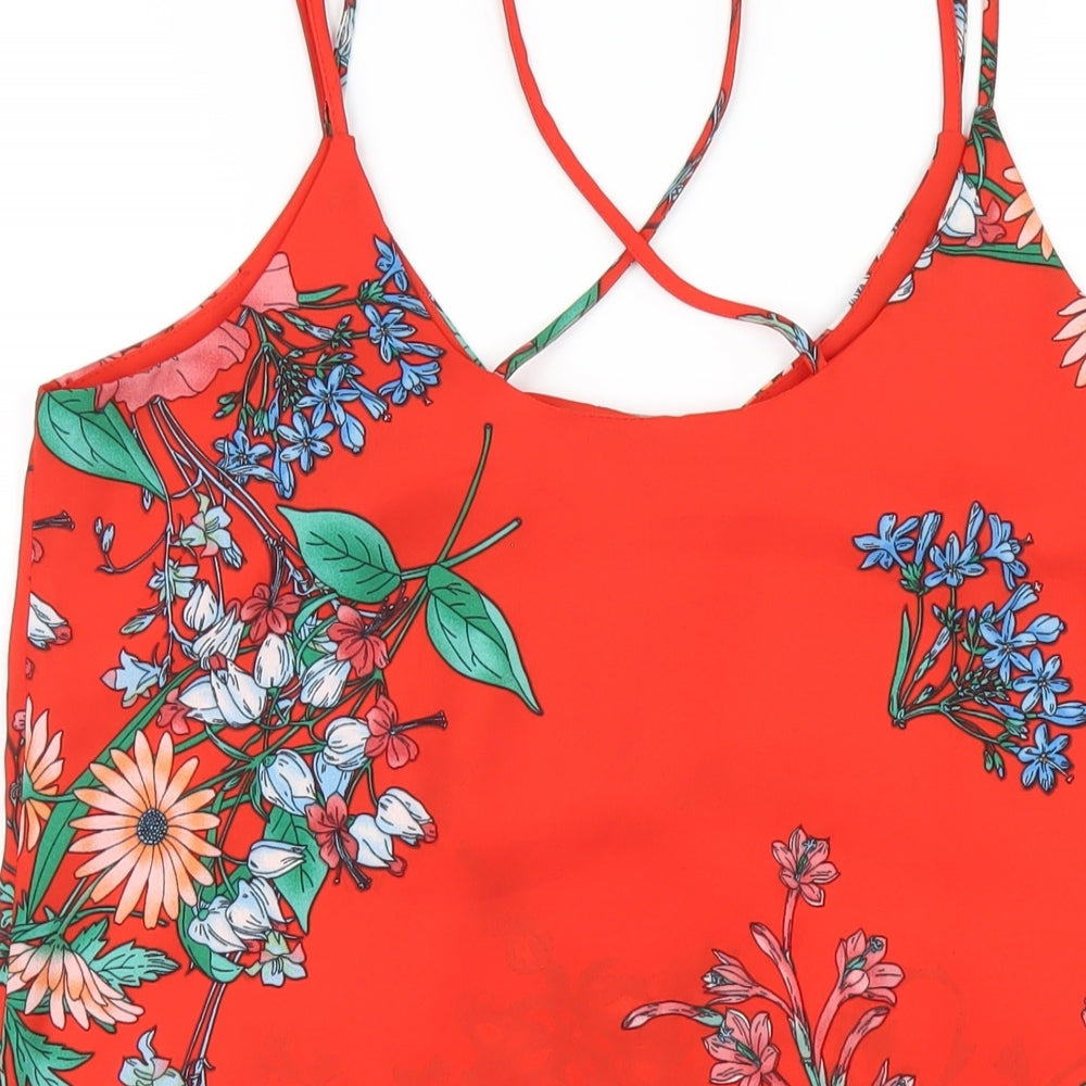 New Look Womens Red Floral Polyester Camisole T-Shirt Size 12 V-Neck