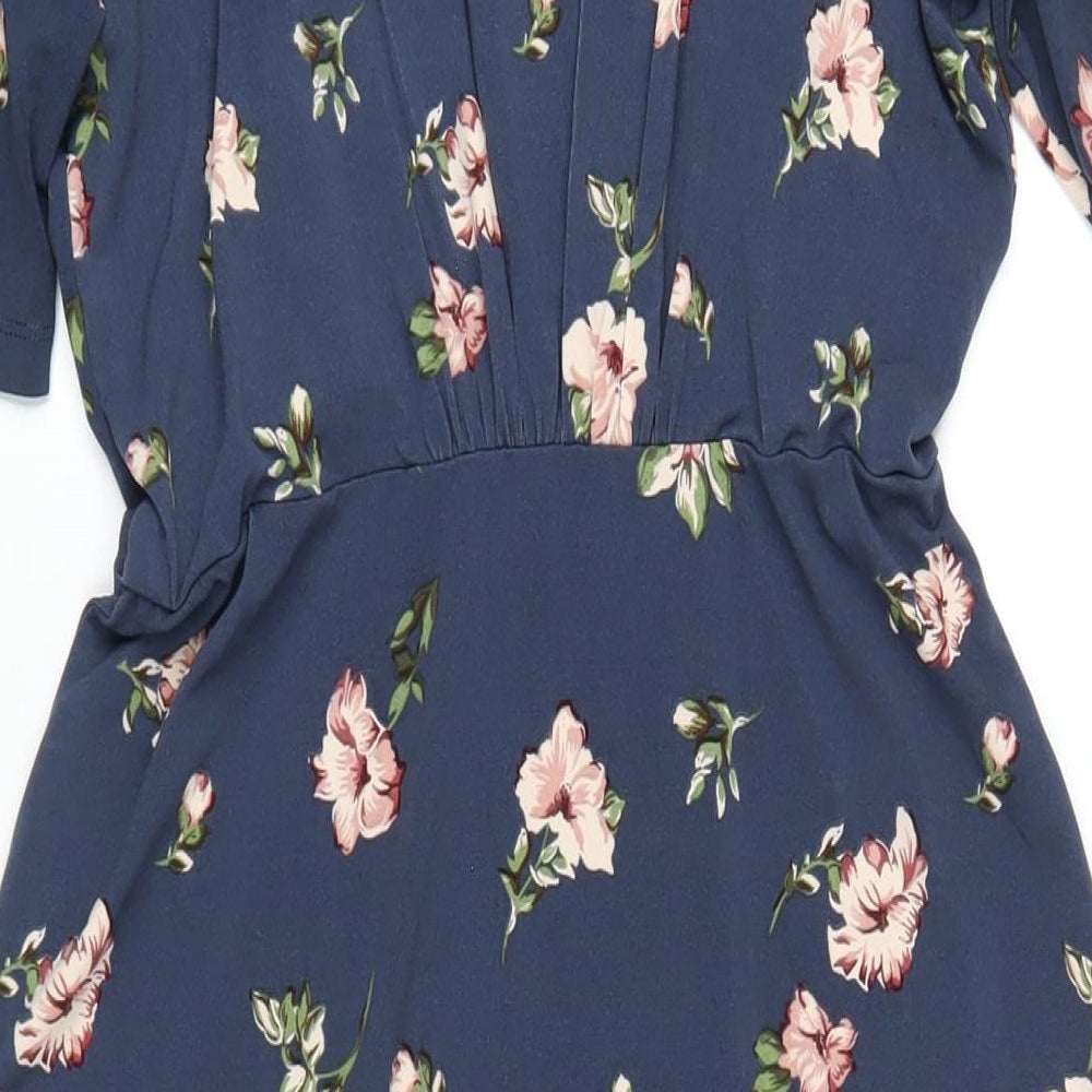 Osis Womens Blue Floral Polyester A-Line Size M V-Neck Pullover