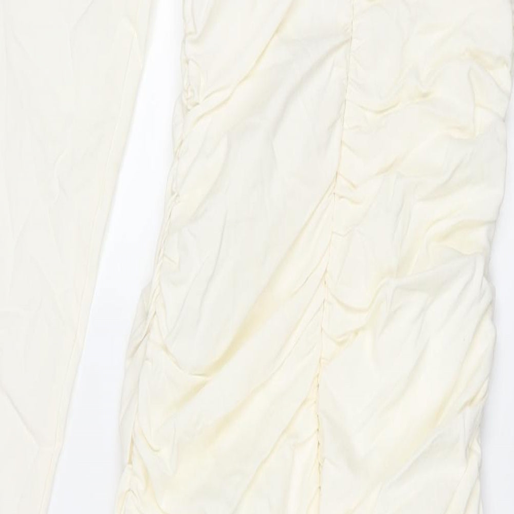 Stradivarius Womens Ivory Polyester Maxi Size S One Shoulder Zip - Rouched Drawstring Strap Detail