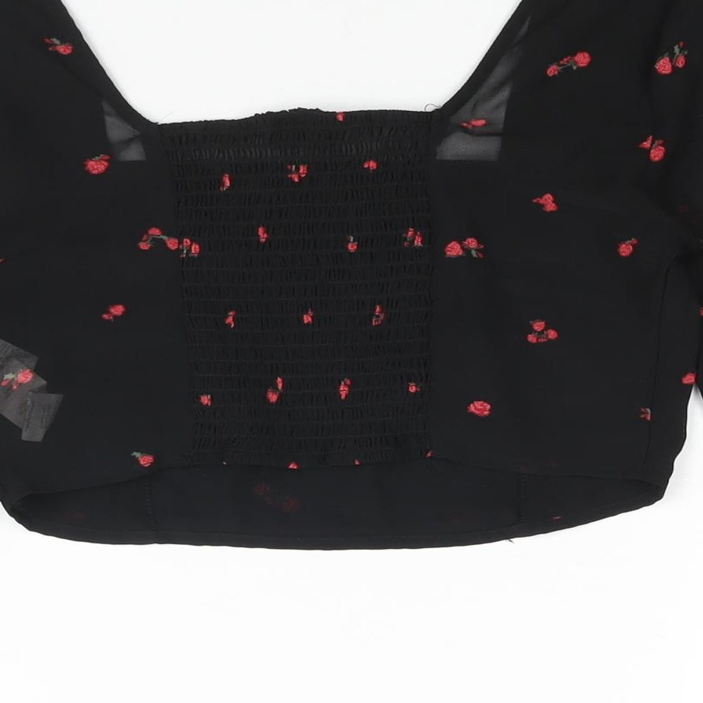 FACTORIE Womens Black Floral Polyester Cropped Blouse Size 8 Square Neck