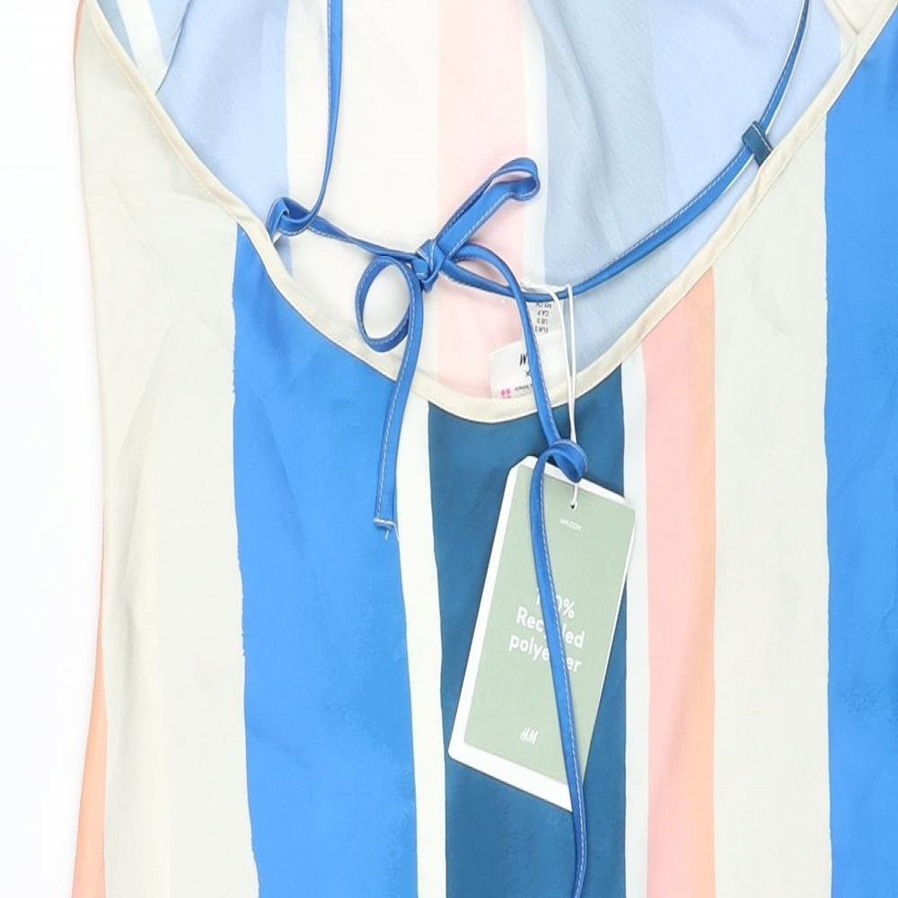H&M Womens Multicoloured Striped Polyester Slip Dress Size S V-Neck Tie