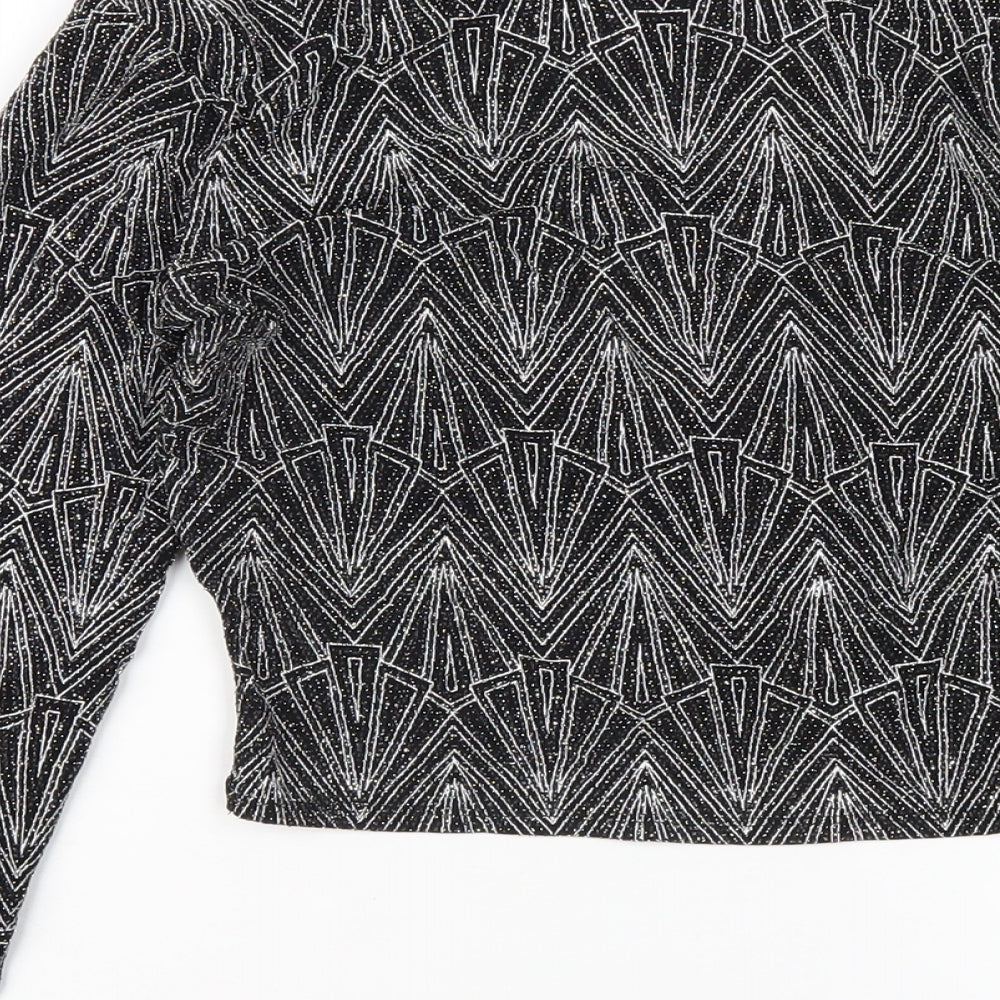 H&M Womens Black Geometric Polyamide Cropped T-Shirt Size S V-Neck